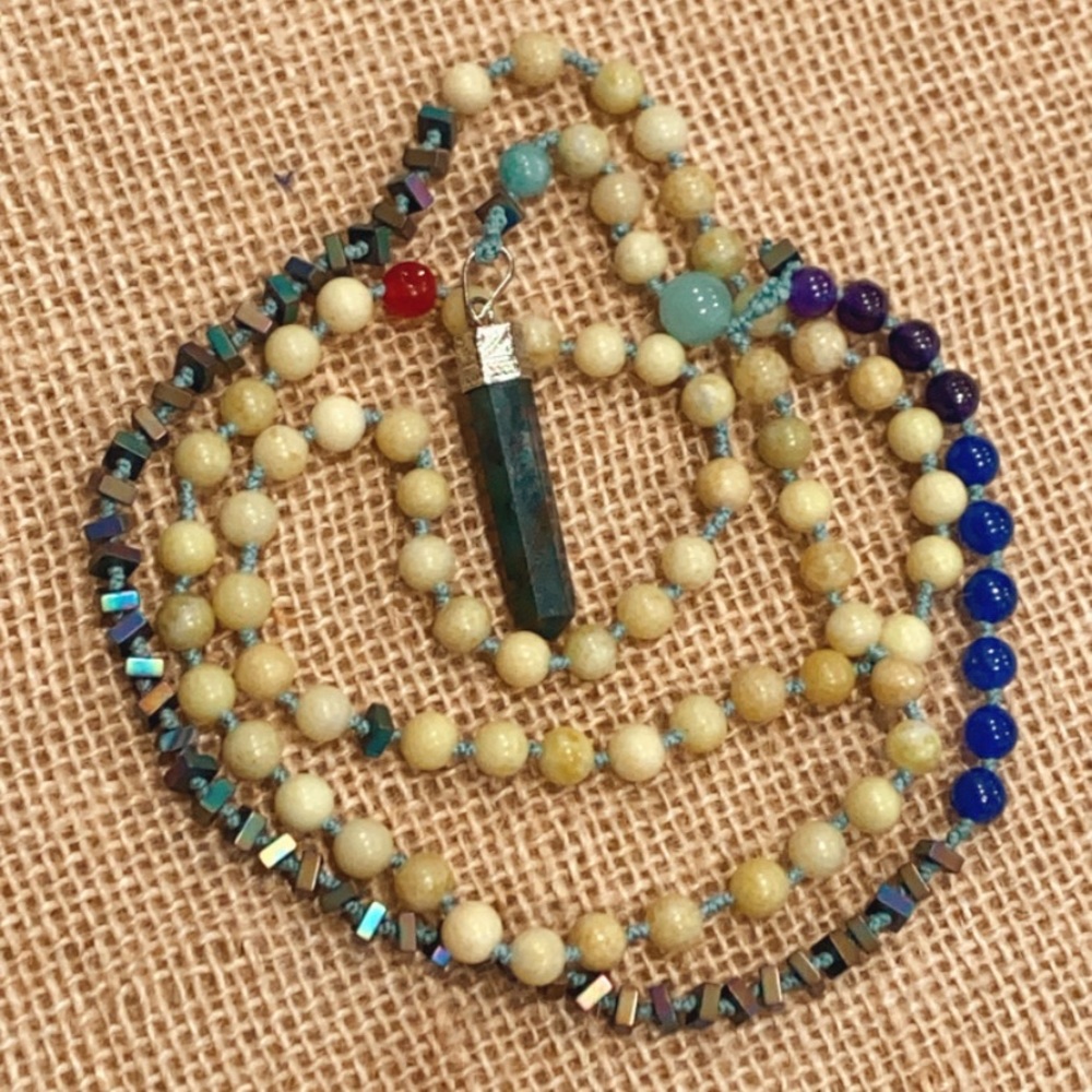 Yellow Jade and bloodstone charm Necklace